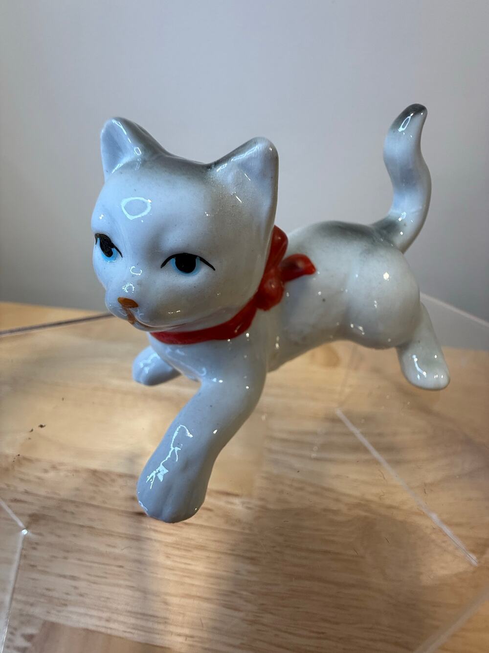 Cintage Ceramic Cat Figurine Hand-Painted Details and a Red Bow